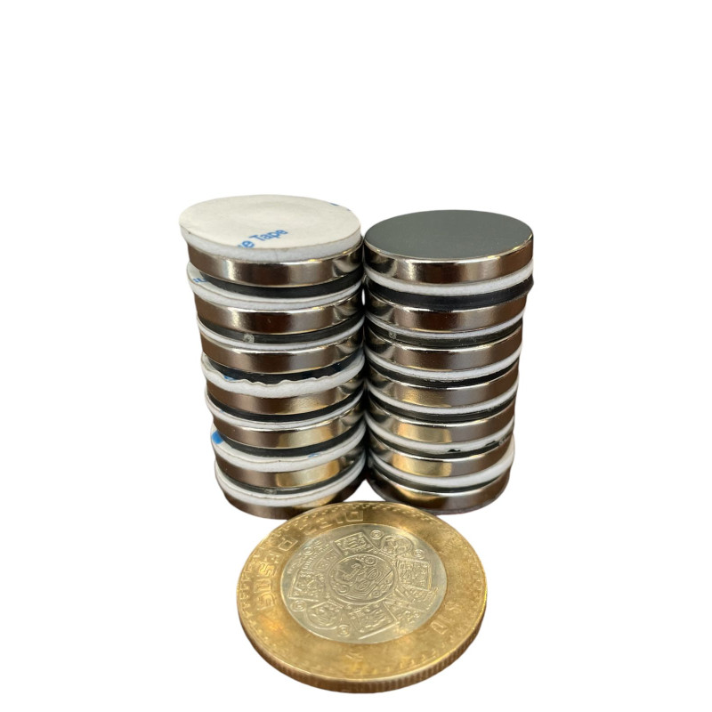 Imán 20mm x 3mm 3M Neodimio Con Adhesivo 12,000 Gauss